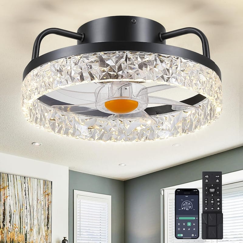 KAYLA 20.86'' Modern Flush Mount Ceiling Fans, Low Profile Ceiling Fan with Lights, Dimmable, APP Control, 6-Speed - N/A - Black
