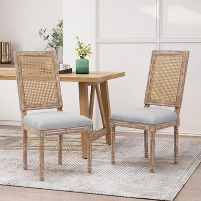 Wooden Frame Retro Dining Chair, Rattan Backrest Accent Chairs, Upholstered Lounge Chair, French Dining Table Chair, Set of 2