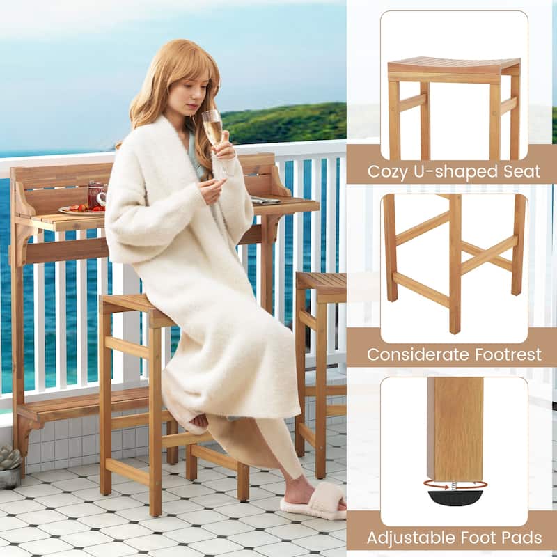 Outdoor 3-Piece Acacia Wood Bar Table Set with Footrest and Curved Seat - 48" L x 15" W x 48" H