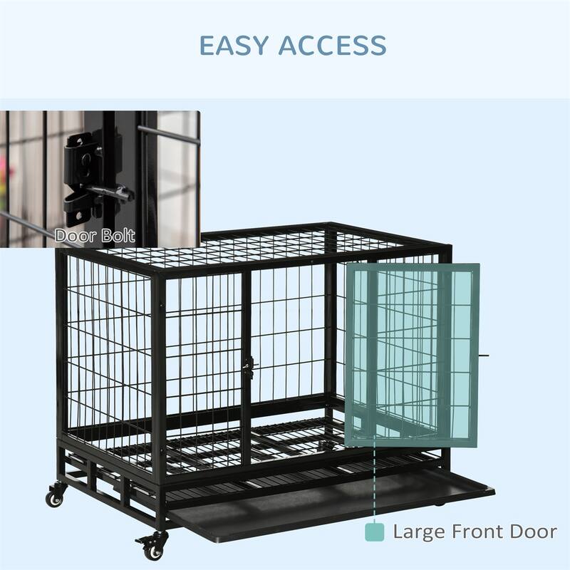 Black Metal Dog Crate with Front and Top Access Slide-Out Tray and Lockable Rolling Wheels