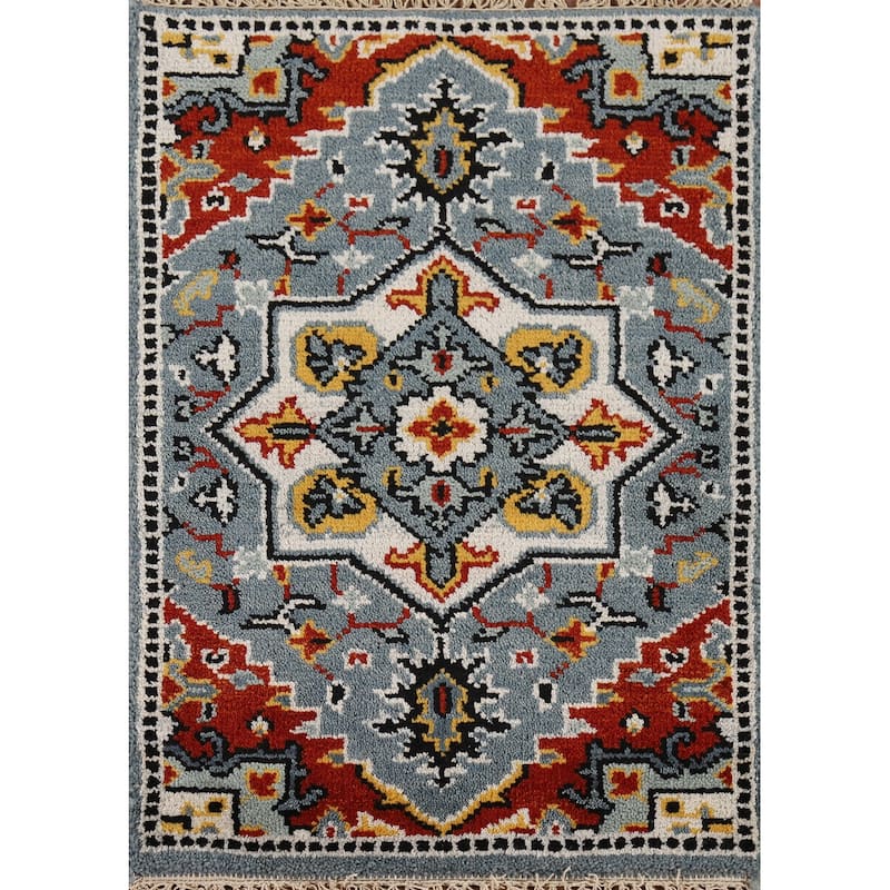 Blue Geometric Kazak Oriental Accent Rug Hand-Knotted Wool Carpet - 2'0" x 3'0"