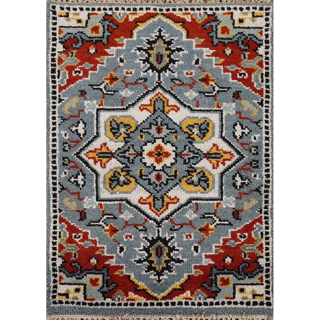 Blue Geometric Kazak Oriental Accent Rug Hand-Knotted Wool Carpet - 2'0" x 3'0"