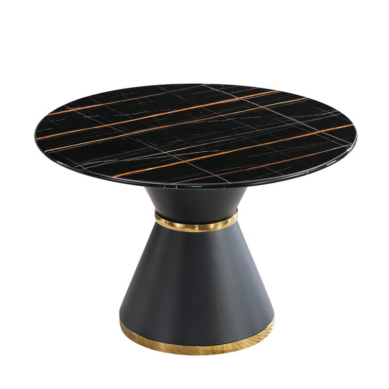 Marble Printed MDF Round Dining Table, Black Columnar Base with Gold Annulus(Not Including Chairs)