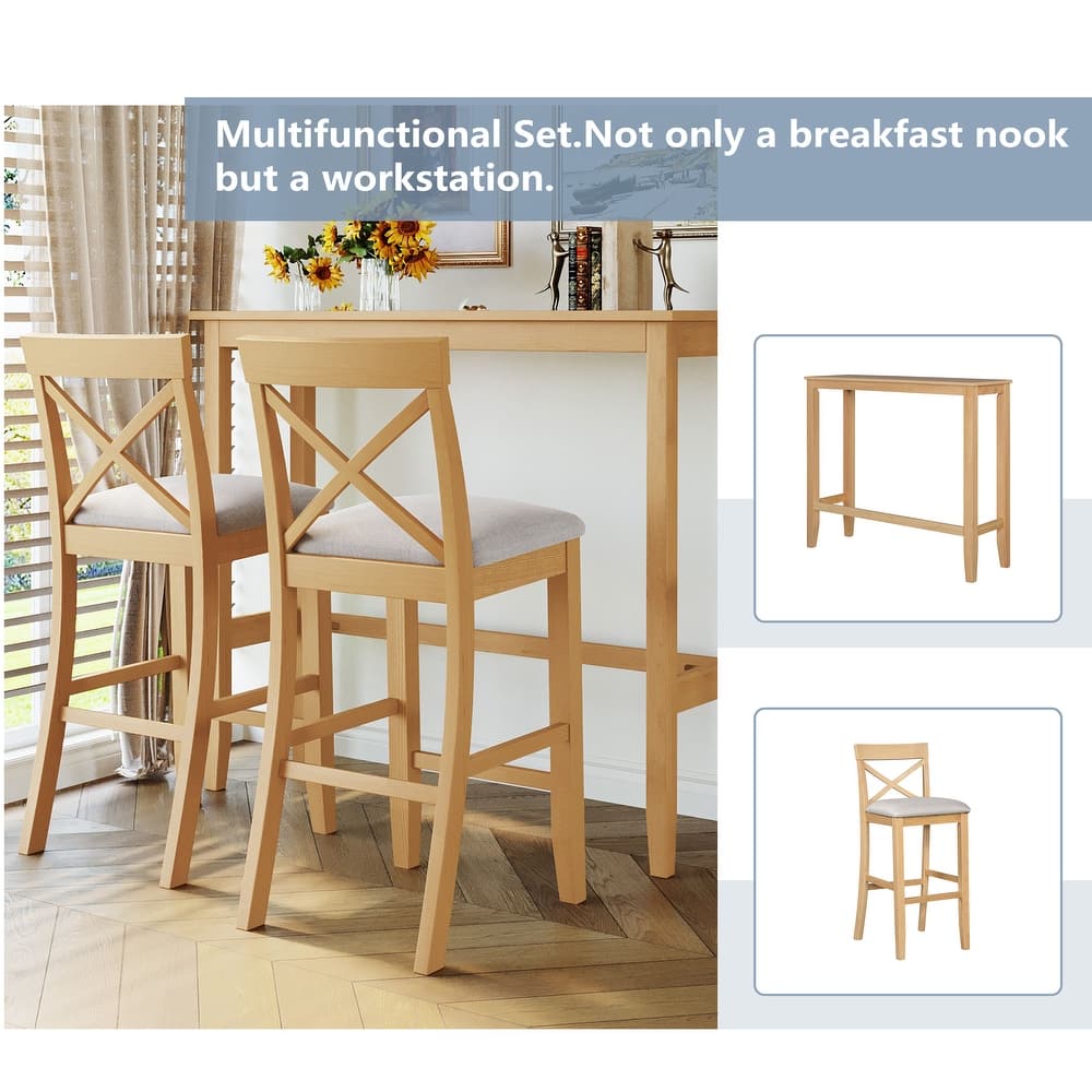 3-Piece Breakfast Nook, Wood Bar Height Dining Table Set, Kitchen Table Set with Bar Table and Cushioned Stools