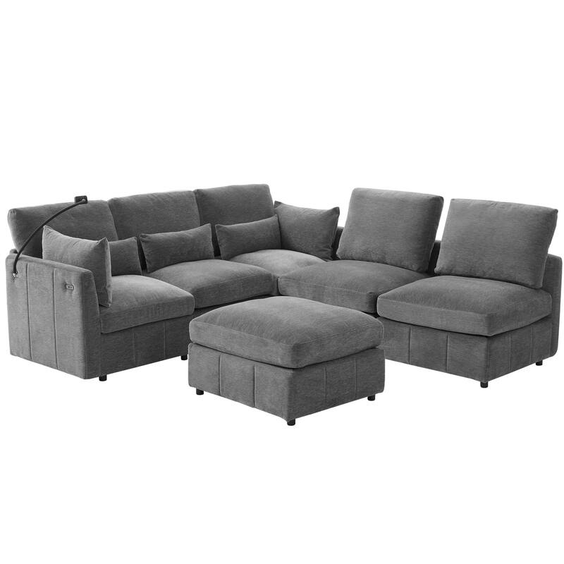 Modular Sectional Sofa with Movable Ottoman Convertible L-Shape or U-Shape Sofa Bed Built-in USB Charging Ports and Phone Holder