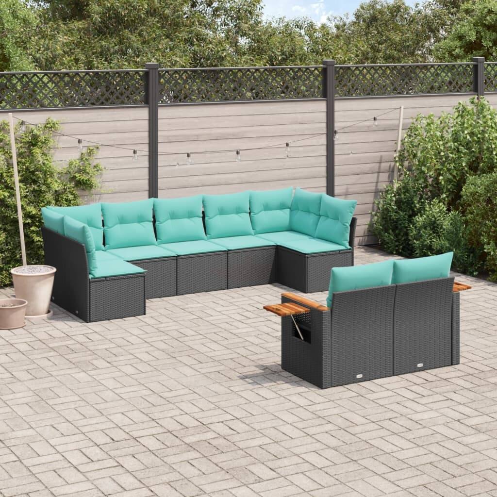vidaXL 9 Piece Patio Sofa Set with Cushions Black Poly Rattan