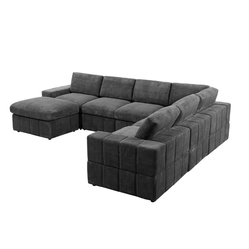 Corduroy Modular Sectional Sofa with Ottoman, Deep Seat L-Shaped Couch for Living Room, Dark Gray