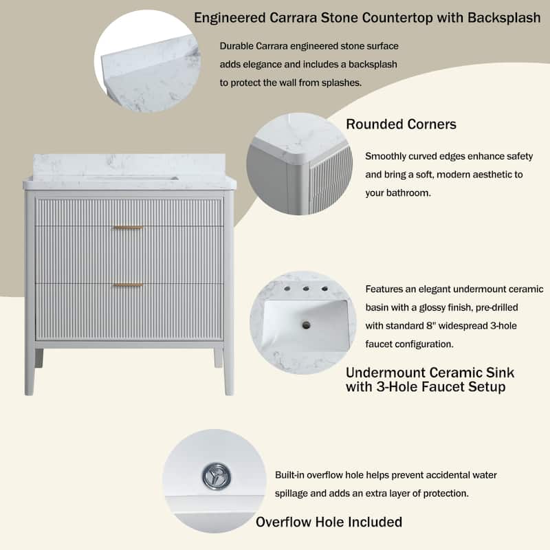 Modland 36" Freestanding Bathroom Vanity with Carrara Marble Top, Soft-Close Drawers, Fully Assembled, Green/Grey - 36 inch