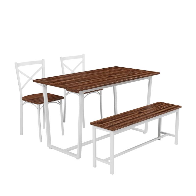 5-Piece Industrial Dining Table Set with 4 Chairs and Bench, Curved X-Shape Steel Frame Chairs, Dark Walnut Dining Table