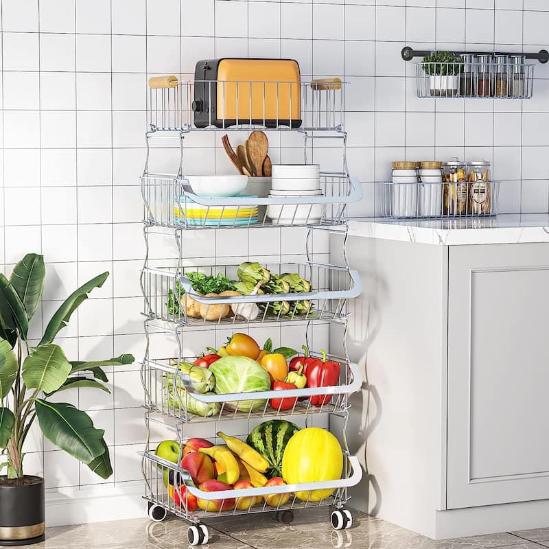 3 Tier Stackable Metal Wire Fruit Basket Cart for Kitchen, Pantry