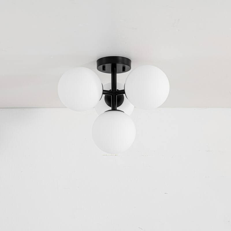 4-Light Mid-Century Modern Sputnik Brushed Gold/Matte Black Finish Semi-Flush Mount Ceiling Light with Opal Glass Globes - Black/White