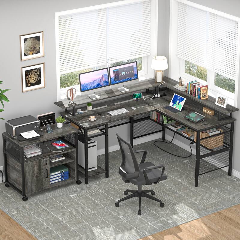 L Shape Computer Desk Reversible Gaming Desk with Charge Station and LED Light