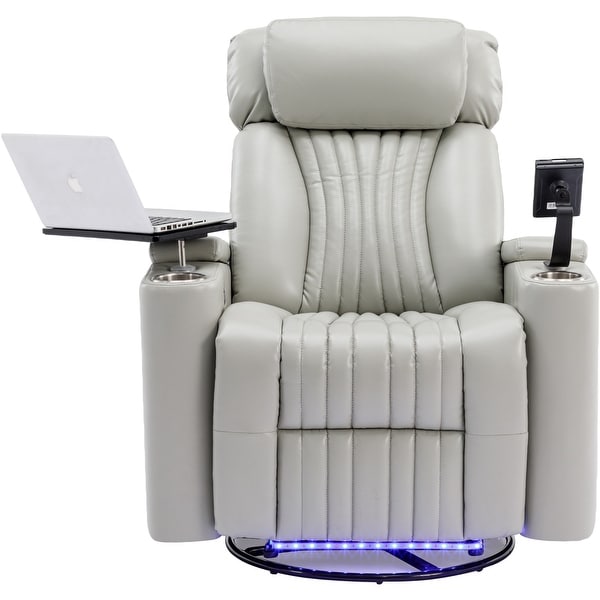 270° Power Swivel Recliner,Home Theater Seating With Hidden Arm Storage and LED Light Strip,Cup Holder,360° Swivel Tray Table