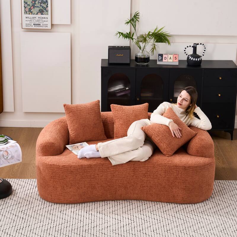 Chenille Deep Seat Loveseat Sofa, Full Compression Sponge Curved Loveseat Sofa, Cloud Floor Couch with 3 Pillows