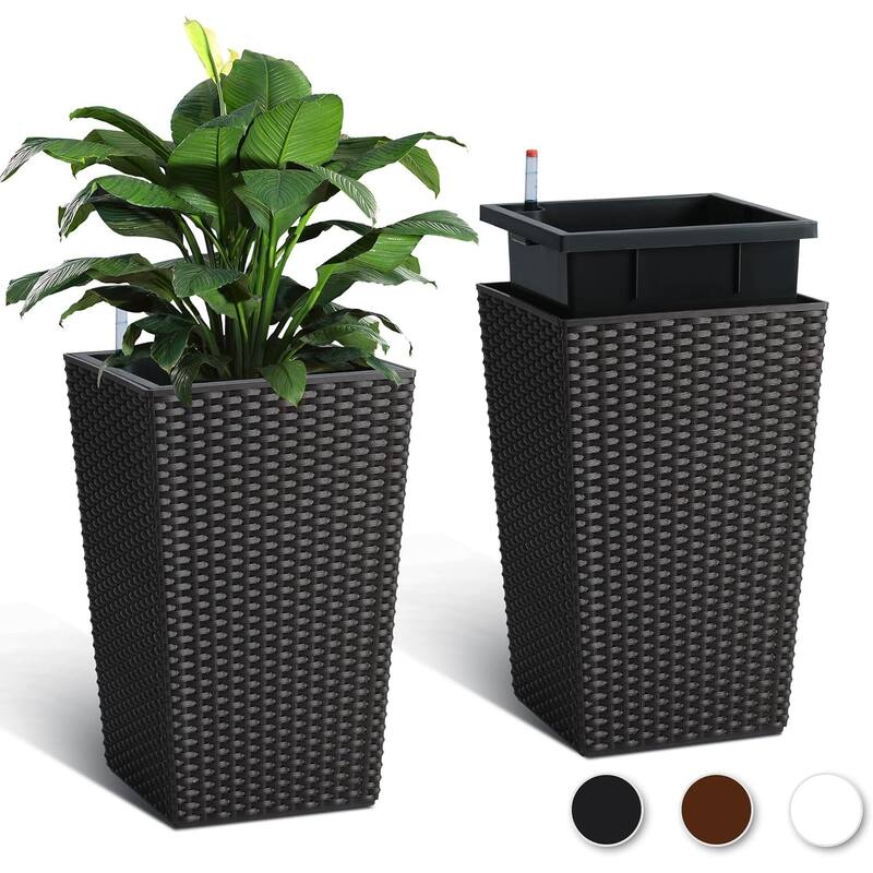 Planters Set of 2, Outdoor＆Indoor Planter Pots, Automatic Watering,High Front Porch Planter Pots - 16" Brown