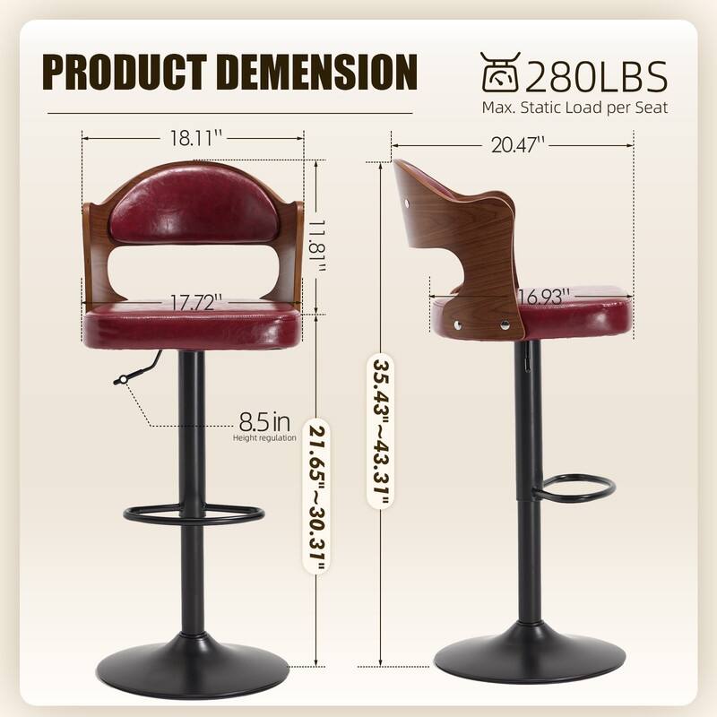 PU Leather Upholstered High-resilience Cushion 360° Swivel Adjustable Height Bar Stools with Footrest(set of 2)