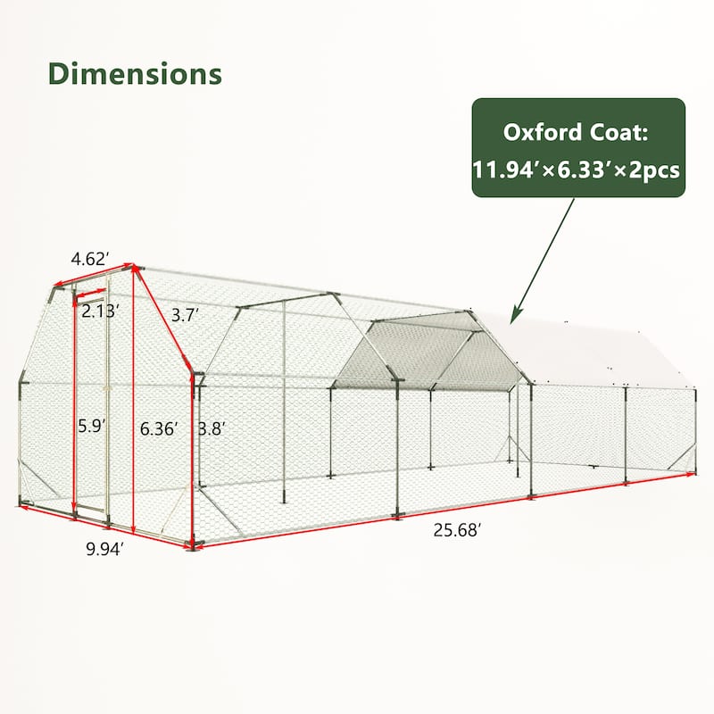 9.94 ft. x 25.68 ft. Galvanized Large Metal Walk in Chicken Coop Cage Farm Poultry Run Hutch Hen House - Silver