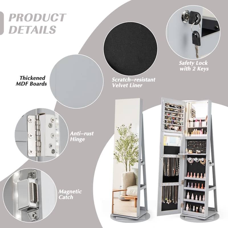 Gymax Rotating Mirrored Jewelry Cabinet Armoire 3 Color LED Modes