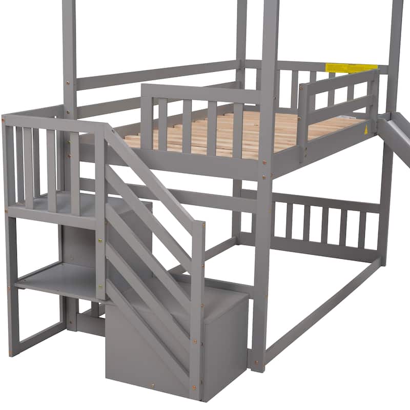 Twin Over Twin House Bunk Bed w/Convertible Slide, Storage Staircase