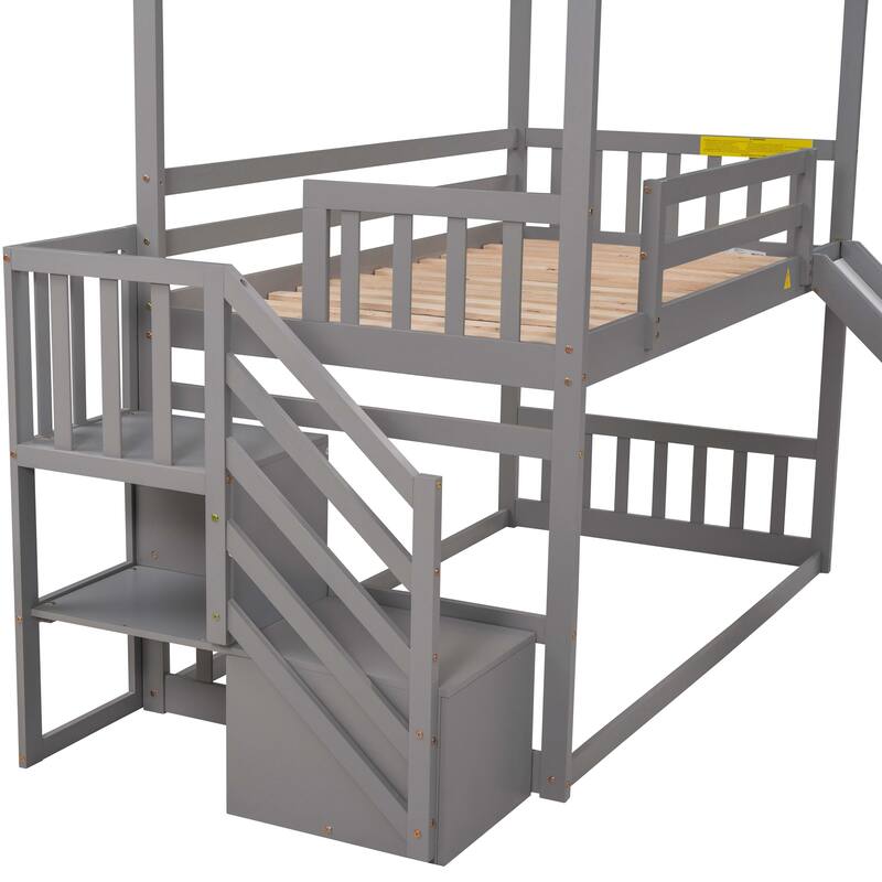 Twin Over Twin House Floor Bunk Bed, Wooden Low Bunk Bedframe w/Convertible Slide, Storage Staircase can be Placed Left or Right