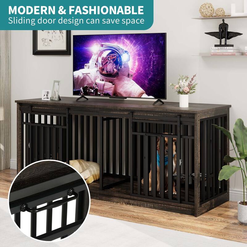 71" Large Double Dog Crate Furniture Dog Kennel with Sliding Doors