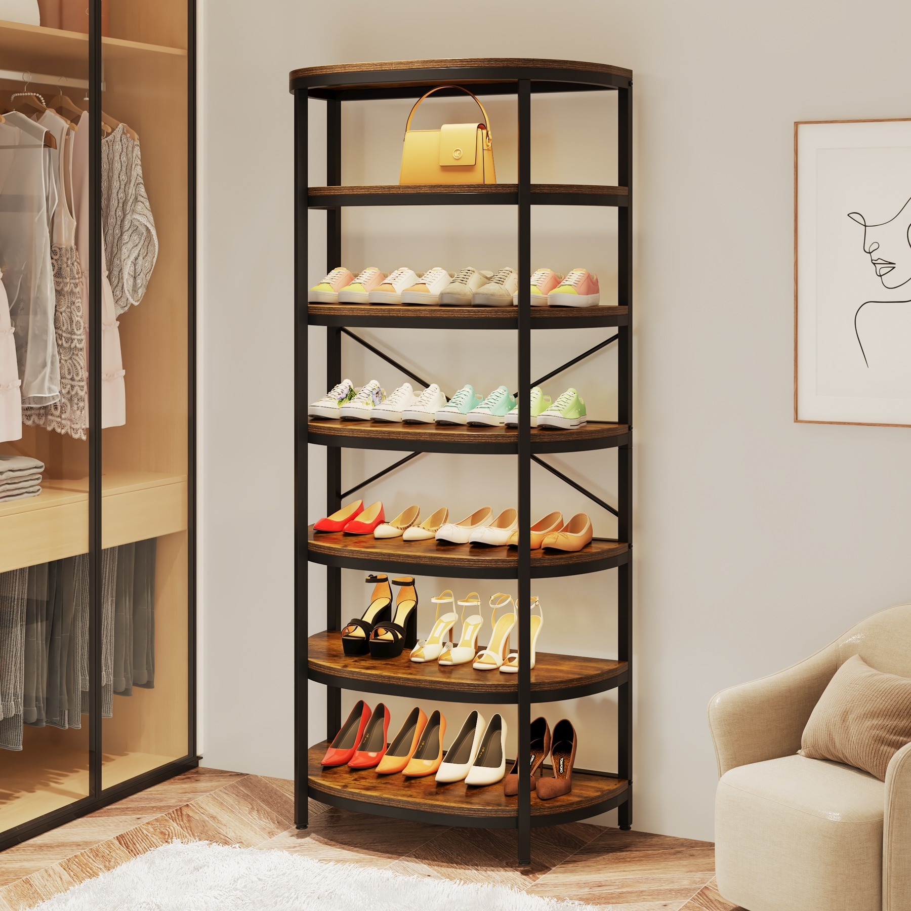 7-Tier Tall Shoe Rack, Large Shoe Storage Organizer, Wood Shoe