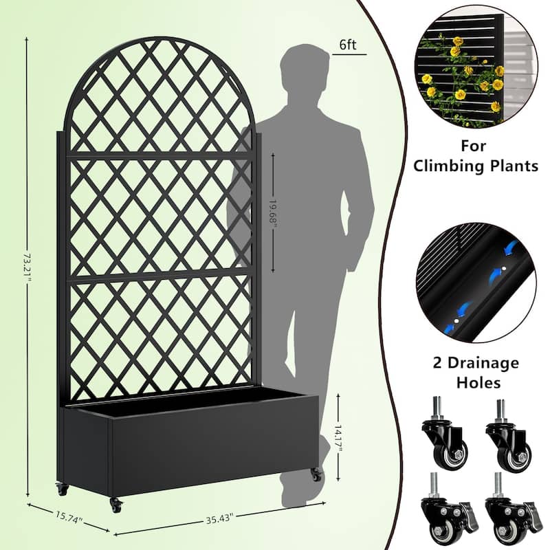 Metal Planter Box with 4 Wheels and Privacy Screen for Climbing Plants