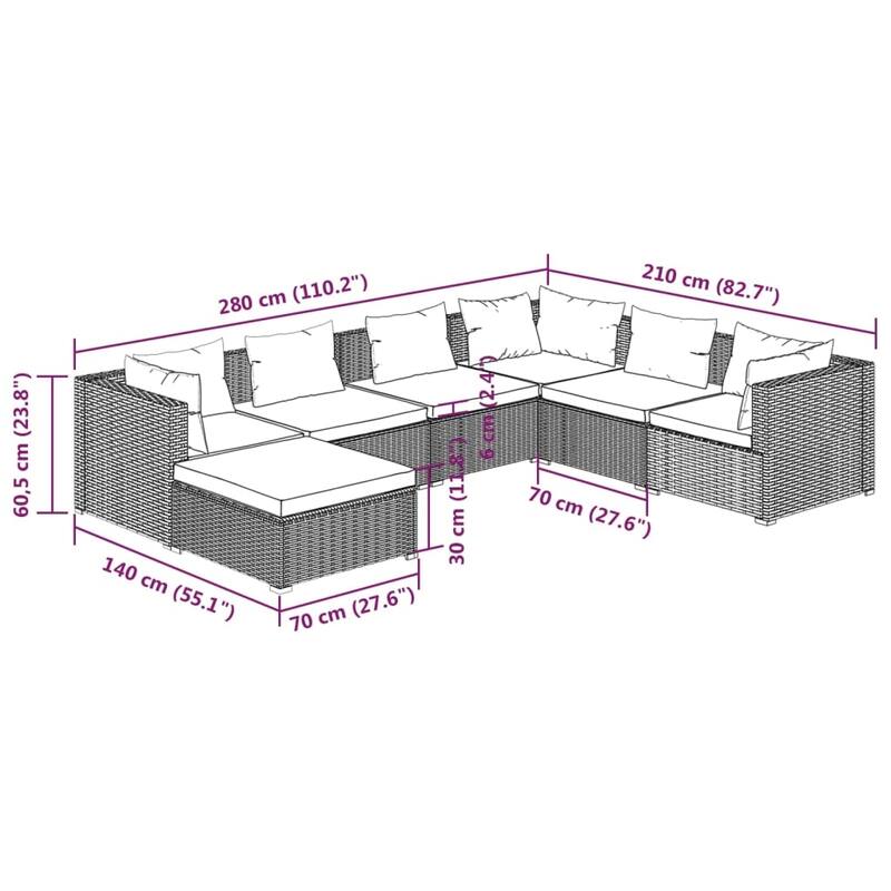 vidaXL 7 Piece Patio Lounge Set with Cushions Poly Rattan Brown - 27.6" x 27.6" x 24" - 27.6" x 27.6" x 24"