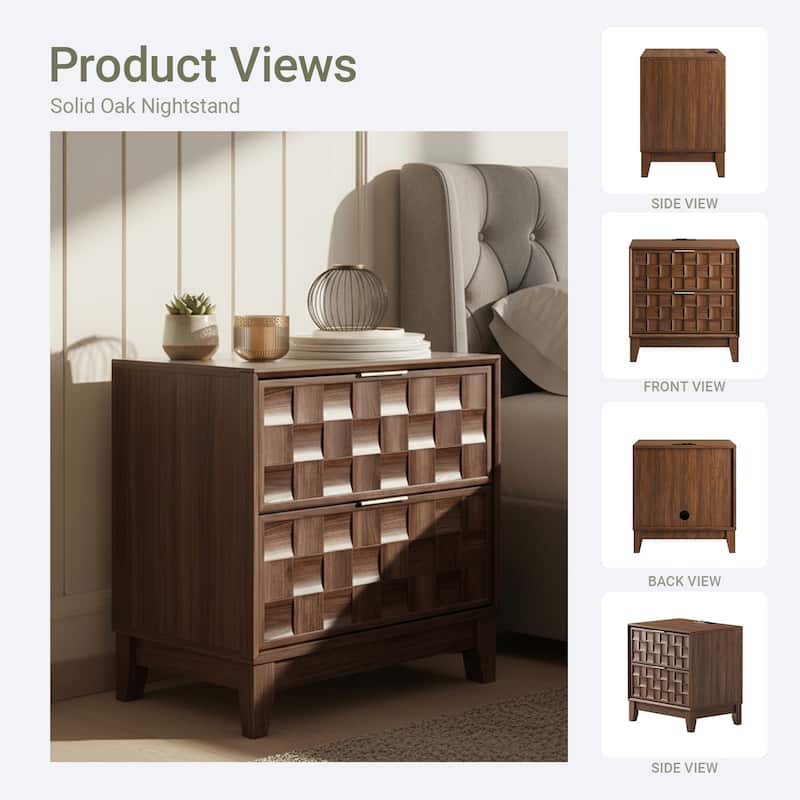 22" Modern Nightstand with Charging Station & 2 Drawers - Compact Bedroom Side Table​