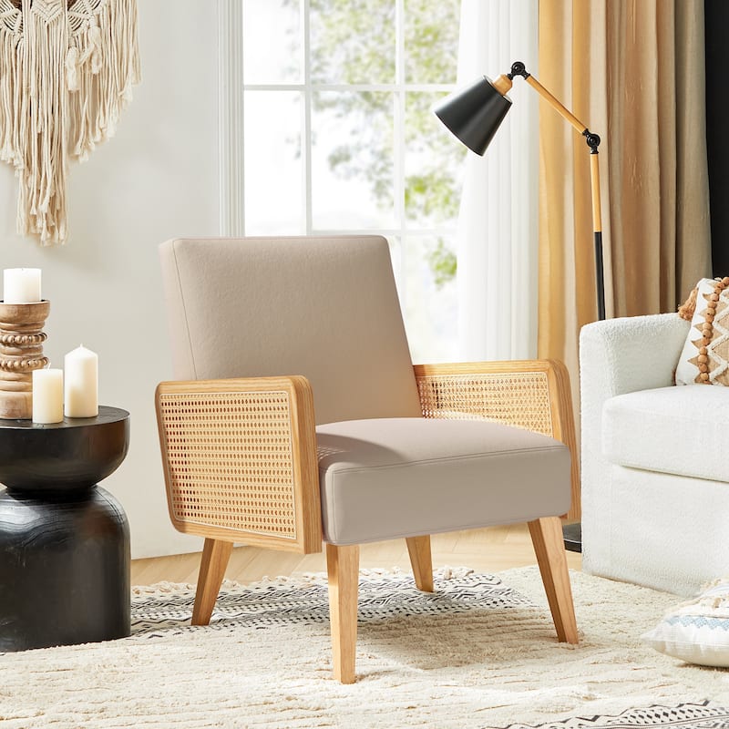 Carmina Upholstered Accent Chair with Natural Rattan Arms by HULALA HOME - Tan
