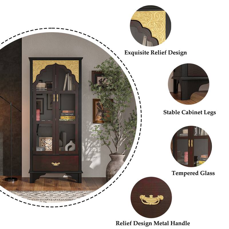 Boho Wood & MDF Display Cabinet with Tempered Glass Doors, Carved Arch Frame & Metal Handle Drawer