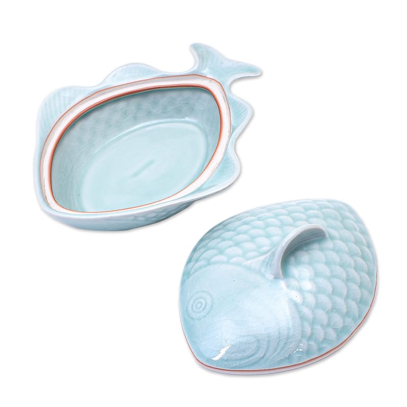 Novica Handmade Fish Dish In Aqua Celadon Ceramic Lidded Bowl