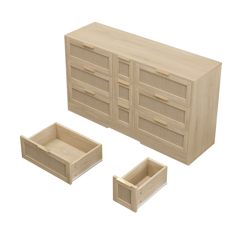 Rattan Storage Cabinet with 9 Drawers, Accent Cabinet with Smooth Sliding Tracks, Kitchen Buffet Sideboard