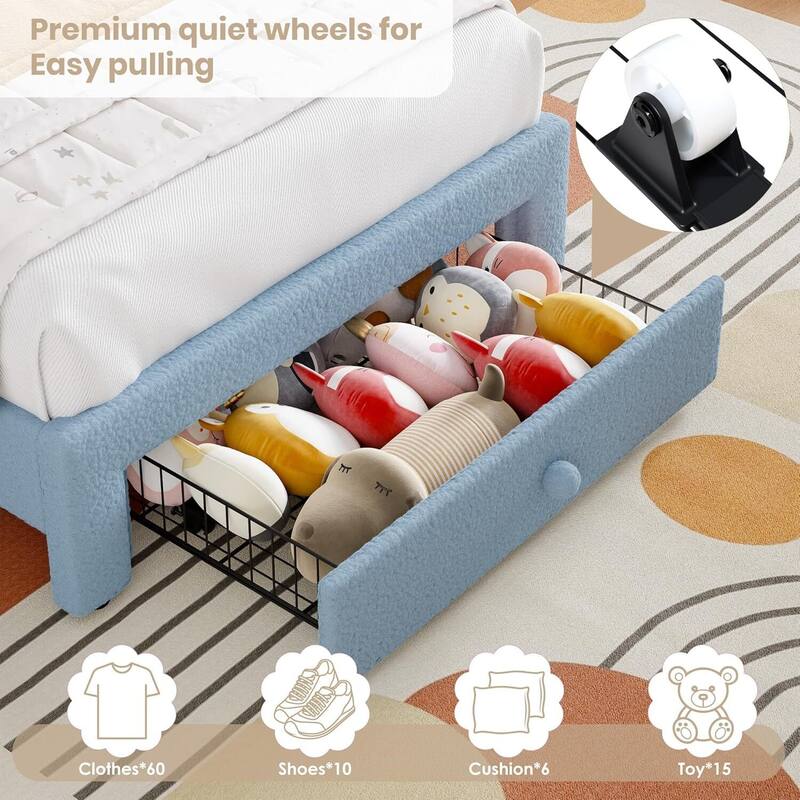 Upholstered LED Bed Frame, with Storage Drawer