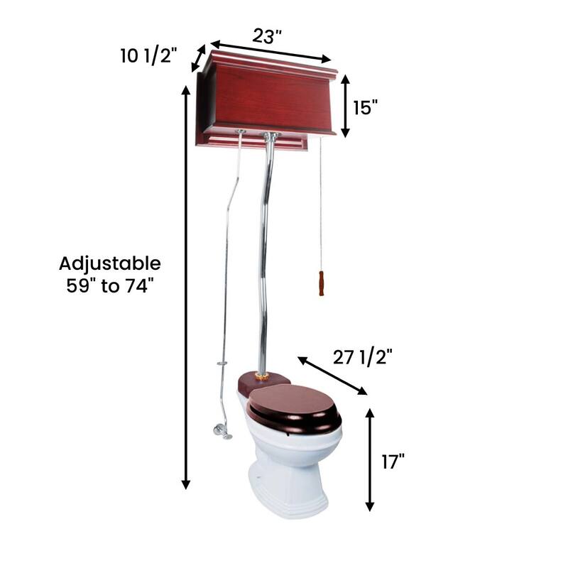 High Tank Toilet - Cherry Finish Flat Tank, Elongated White Bowl and Chrome Plated Z Pipes Renovators Supply