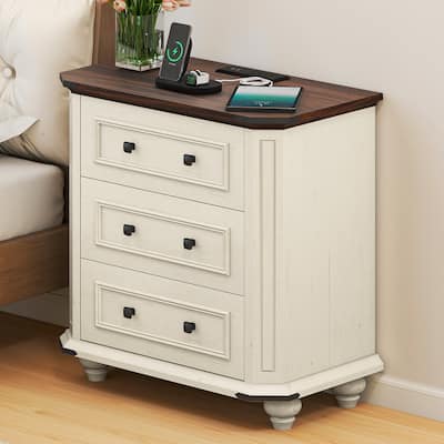 Moasis 3 Drawer Farmhouse Nightstand with USB Ports and Outlets , Bedside Table & End Table for Bedroom