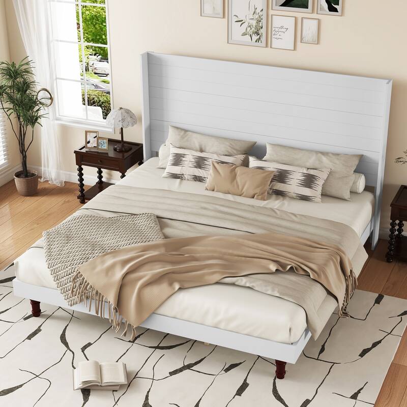 Elegant High Headboard King Size Bed with Comfortable Back Support in White