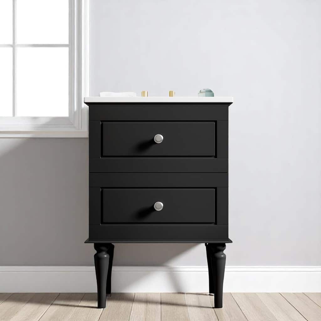 24 Inch Freestanding Bathroom Vanity Set with Sink, Rectangular Ceramic Basin and Black Cabinet with 2 Drawers