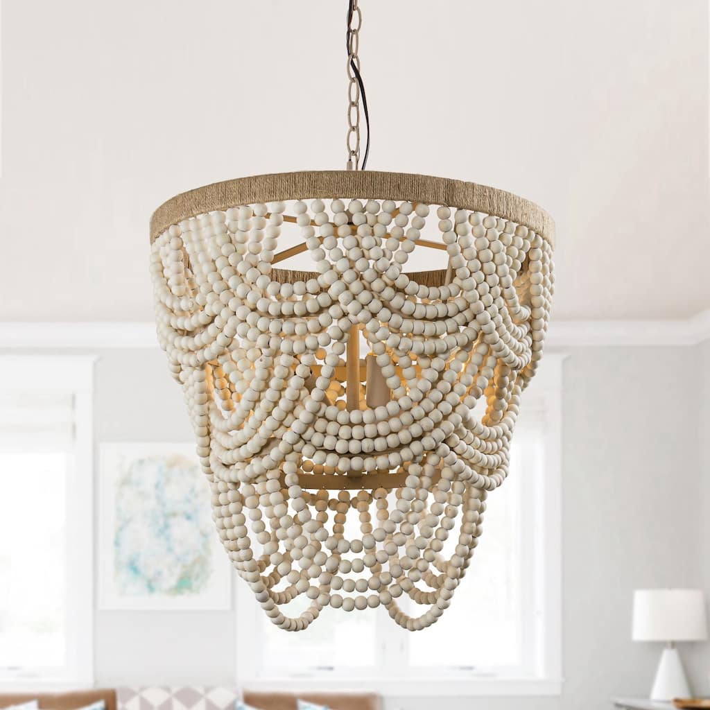 Lusteria 20" Wood Bead 4-Light Tiered Coastal Chandelier