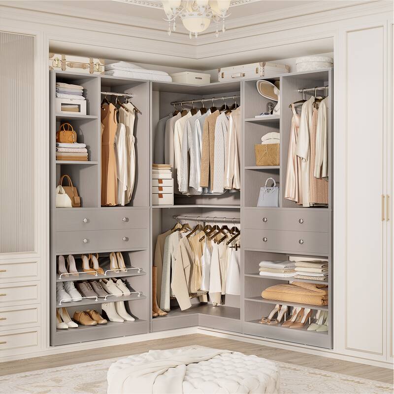 Set of 2/ 3 Coner Closet System with Shoe Racks and Drawers, Freestanding Closet Organizer with Hanging Rods and Shelves