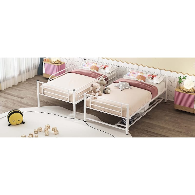 Twin Over Twin Metal Bunk Bed with Shelf & Guardrails