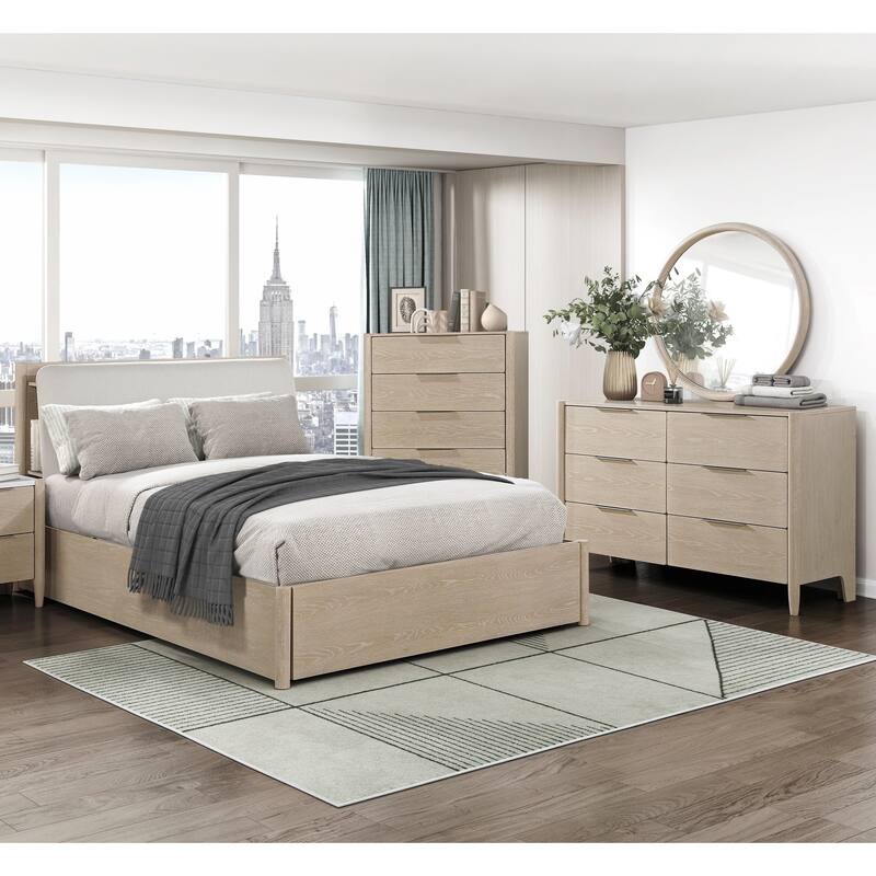 4PC Bedroom Set Light Oak Storage Bed Dresser Mirror Chest