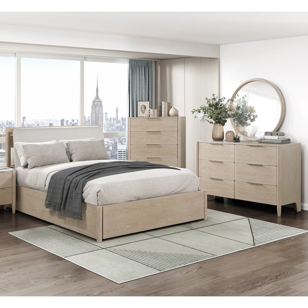 4PC Bedroom Set Light Oak Storage Bed Dresser Mirror Chest