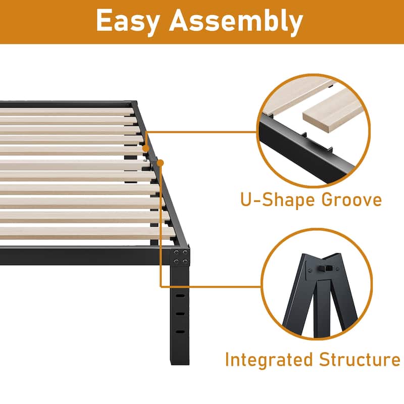 16 Inch Black Metal Platform Bed Frame With Wood Slats Support