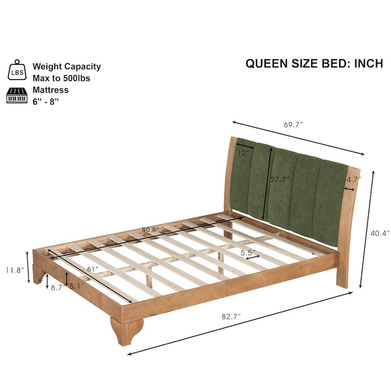 Pine Wood Bed Frame Mid Century Modern Platform Bed with Green Upholstered Headboard, Wood Slat Support Low Profile Wingback Bed
