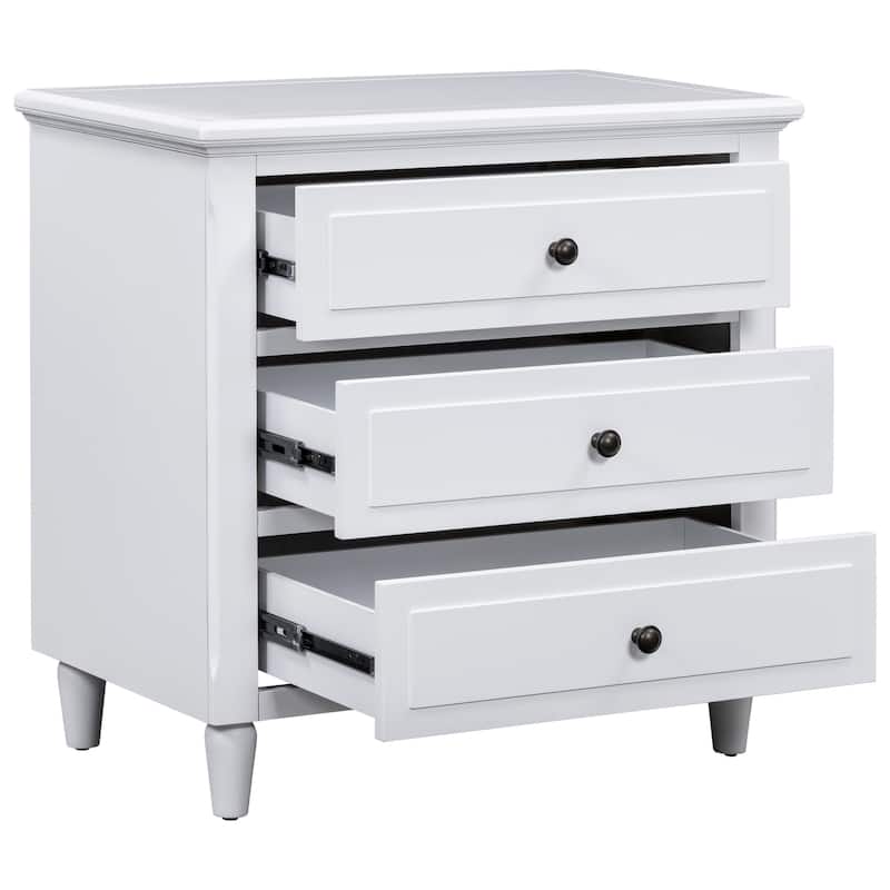 Fully Assembled 3-Drawer Nightstand, MDF & Pine Wood with Rubberwood Legs, Metal Ball Slide Glides