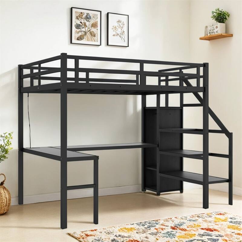 Full XL Size Loft Bed w/L-shaped Desk & USB,Metal Loft Bed w/Wardrobe