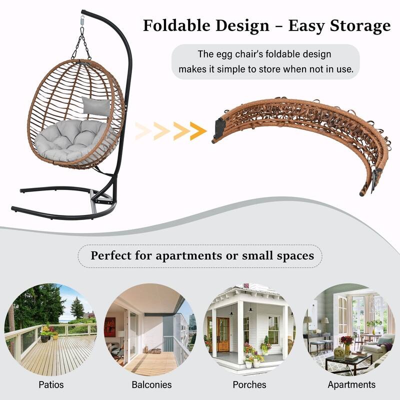 Single Person Folding Egg Chair with Stand, Indoor Outdoor Hanging Wicker Swing Chair with Adjustable Feet