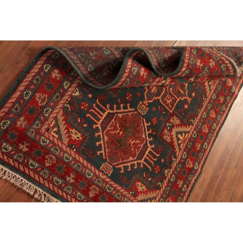 Teal Geometric Kazak Oriental Rug Hand-Knotted Wool Carpet - 4'0"x 6'0"