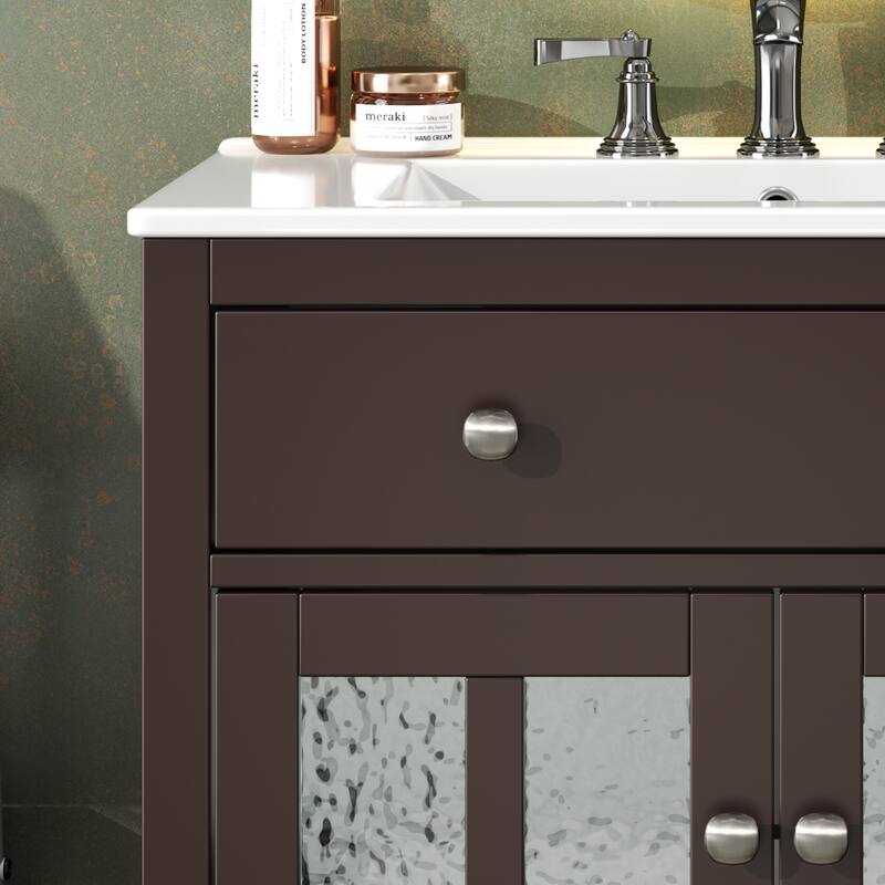 30" Storage Cabinet with Glass Doors, Bathroom Vanity with Ceramic Sink, Adjustable Shelf, Tip-Out Tray and Silver Metal Knobs
